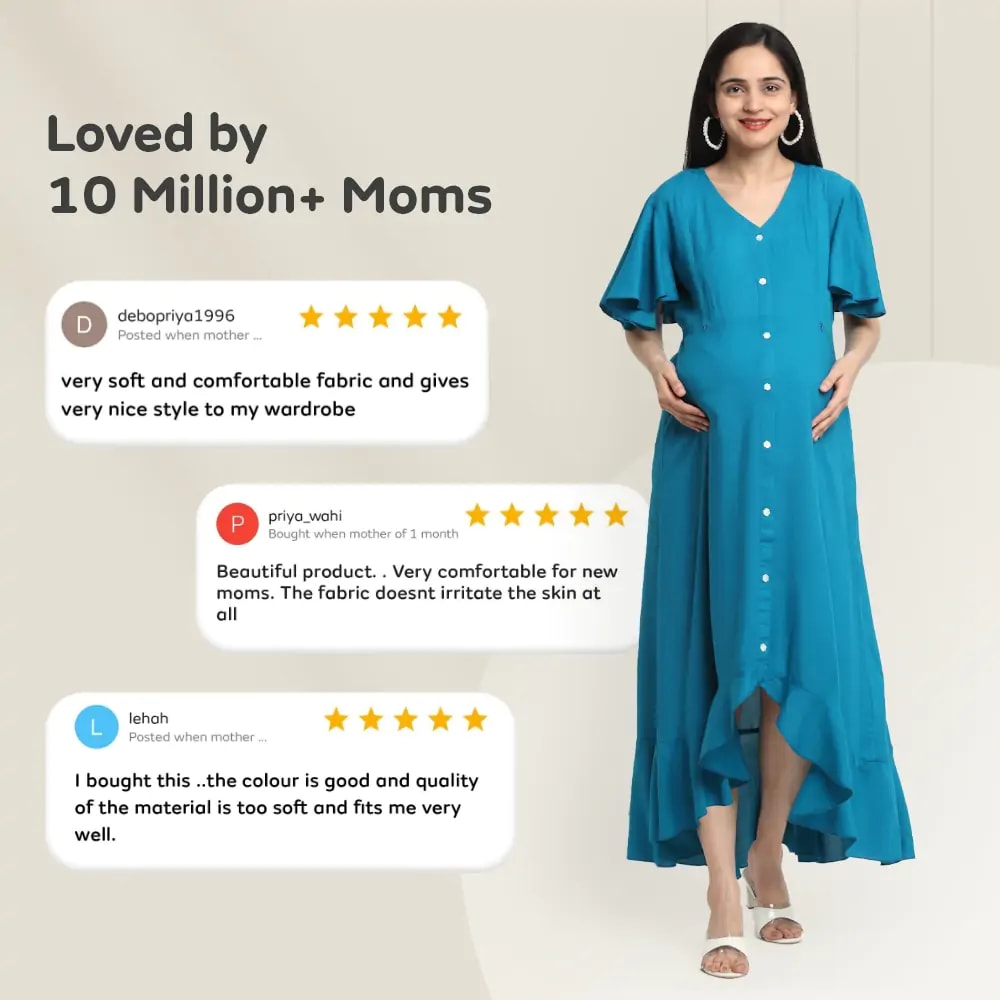 Pre & Post Maternity /Nursing, Asymmetrical Solid Maxi Dress with both sides Zipper for Easy Feeding - Hawaiian Blue-L