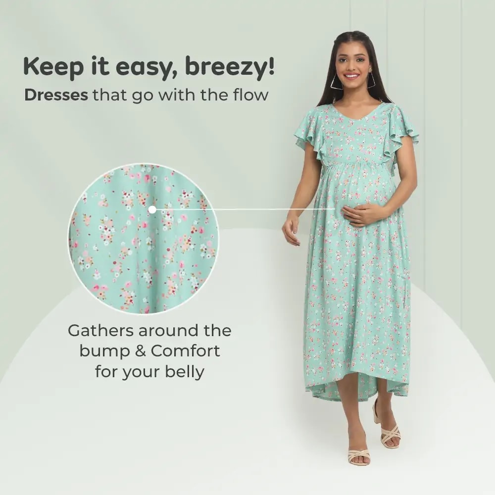 Pre & Post Maternity /Nursing Midi Dress with both sides Zipper for Easy Feeding – Floral - Green–XL