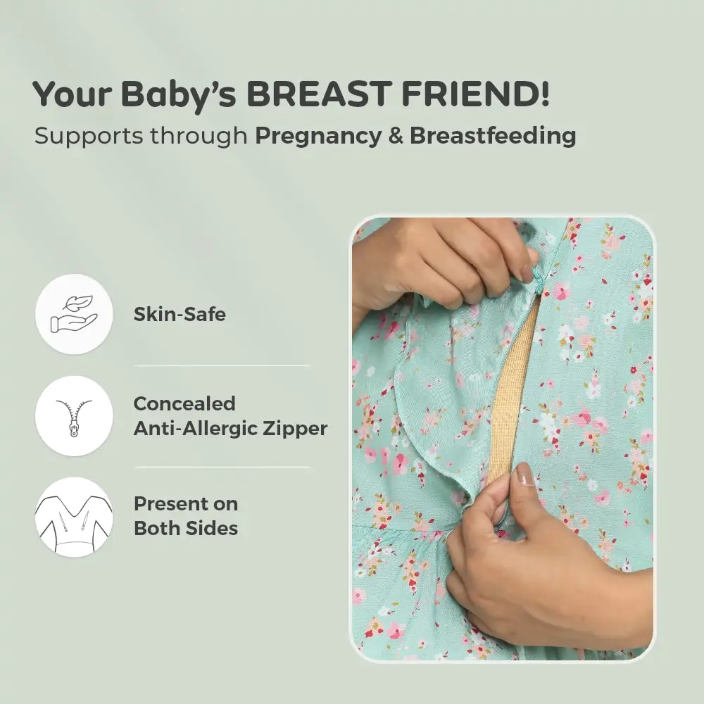 Pre & Post Maternity /Nursing Midi Dress with both sides Zipper for Easy Feeding – Floral - Green–XL