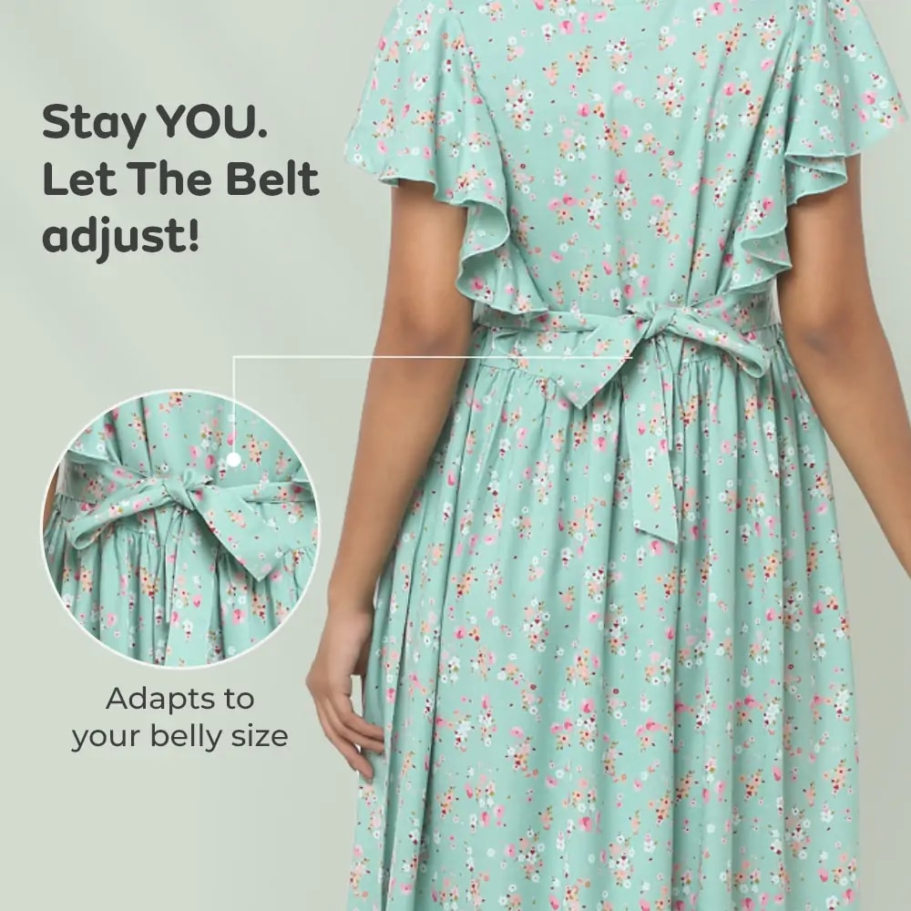 Pre & Post Maternity /Nursing Midi Dress with both sides Zipper for Easy Feeding – Floral - Green–XL