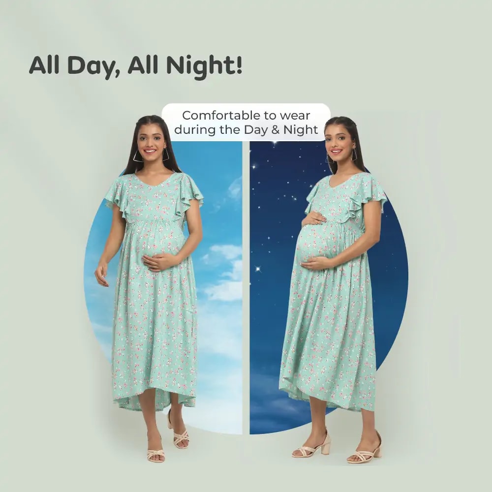 Pre & Post Maternity /Nursing Midi Dress with both sides Zipper for Easy Feeding – Floral - Green–XL