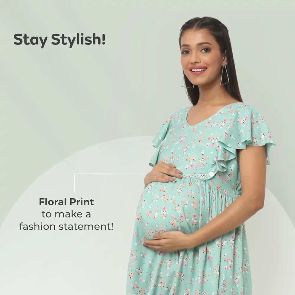 Pre & Post Maternity /Nursing Midi Dress with both sides Zipper for Easy Feeding – Floral - Green–XL