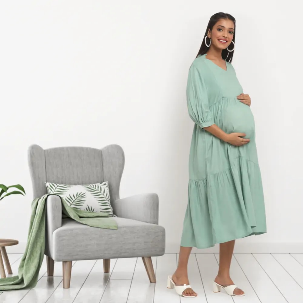 Pre & Post Maternity /Nursing Ruffle collared Solid Midi Dress with both sides Zipper for Easy Feeding – Solid - Olive Green-XL