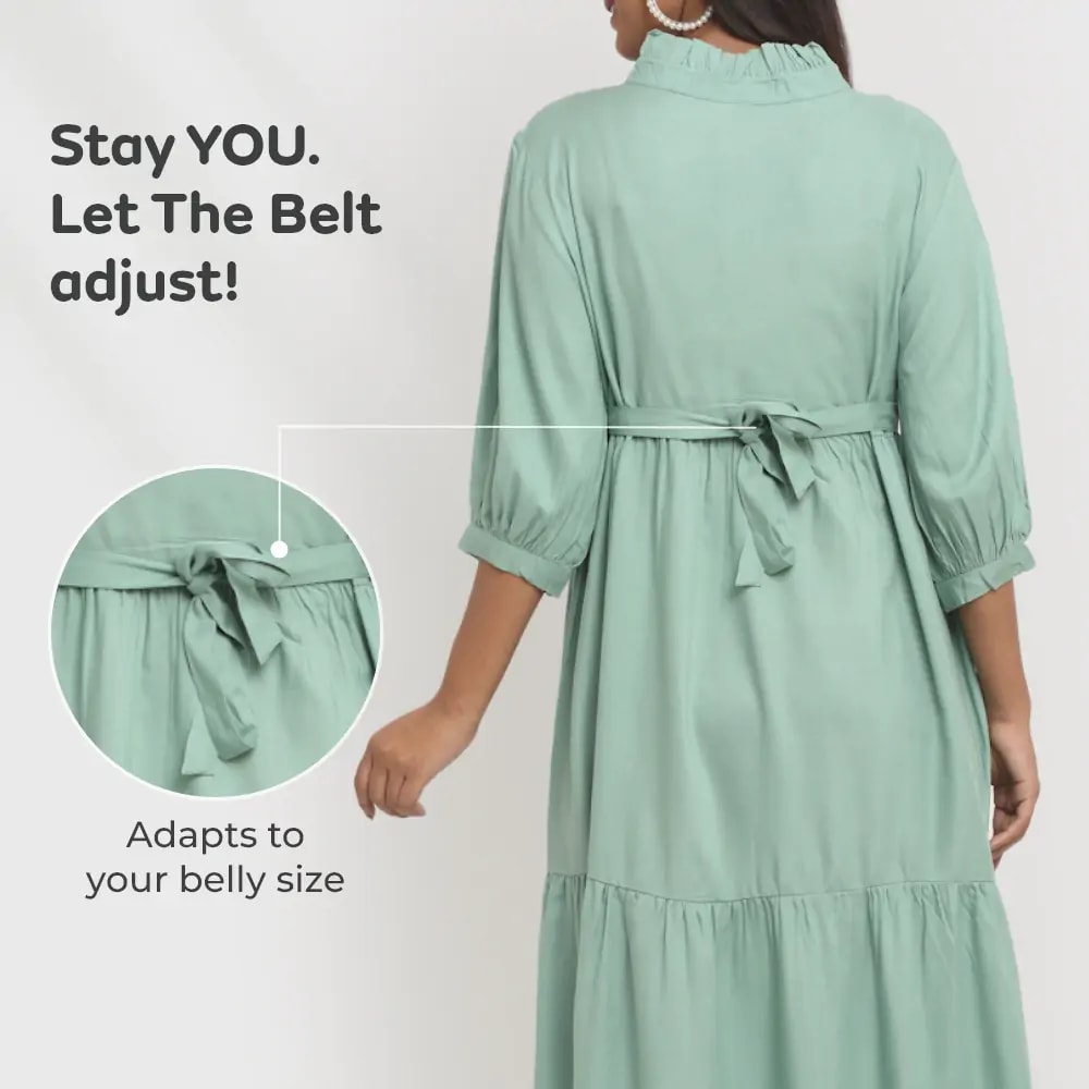 Pre & Post Maternity /Nursing Ruffle collared Solid Midi Dress with both sides Zipper for Easy Feeding – Solid - Olive Green-XL