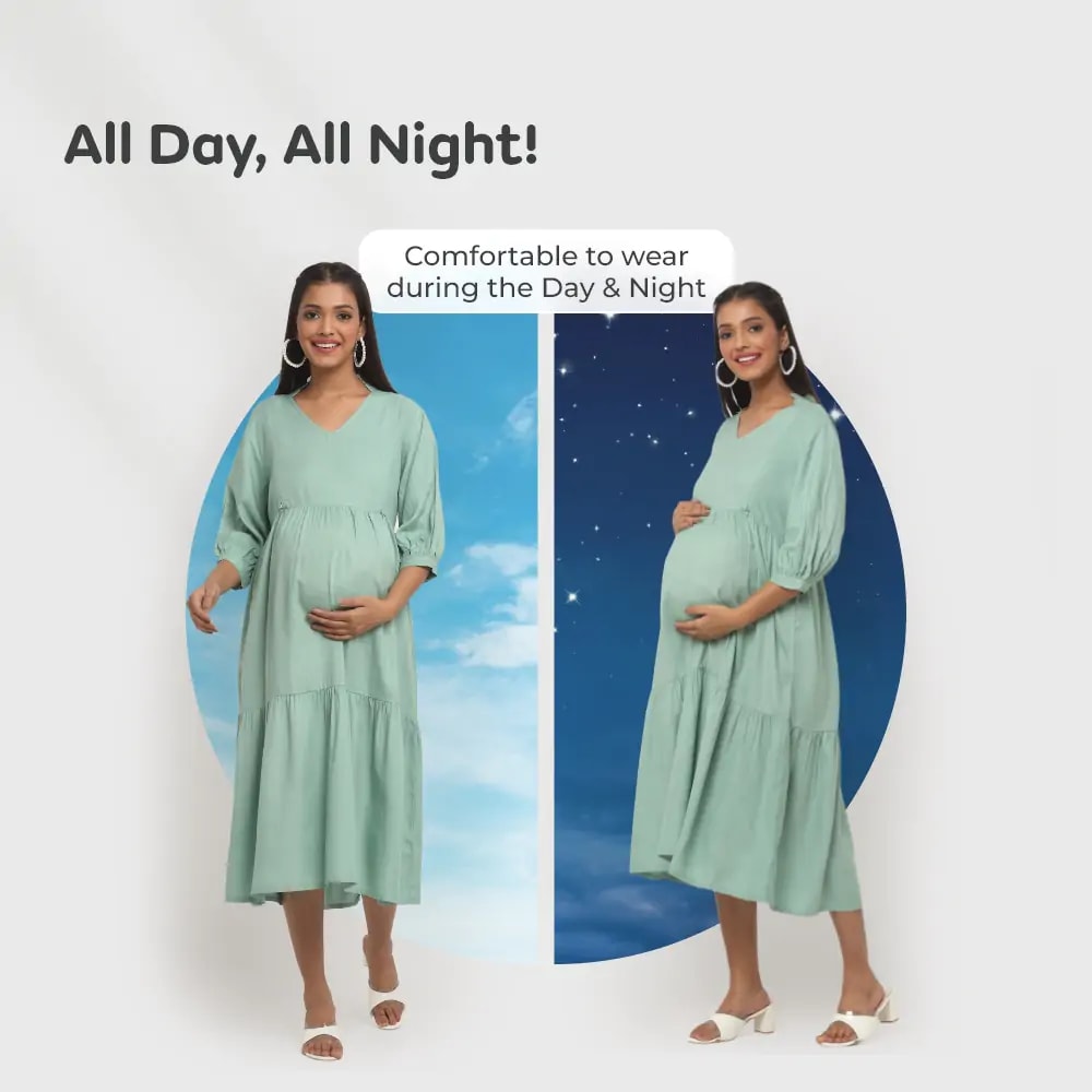 Pre & Post Maternity /Nursing Ruffle collared Solid Midi Dress with both sides Zipper for Easy Feeding – Solid - Olive Green-XL