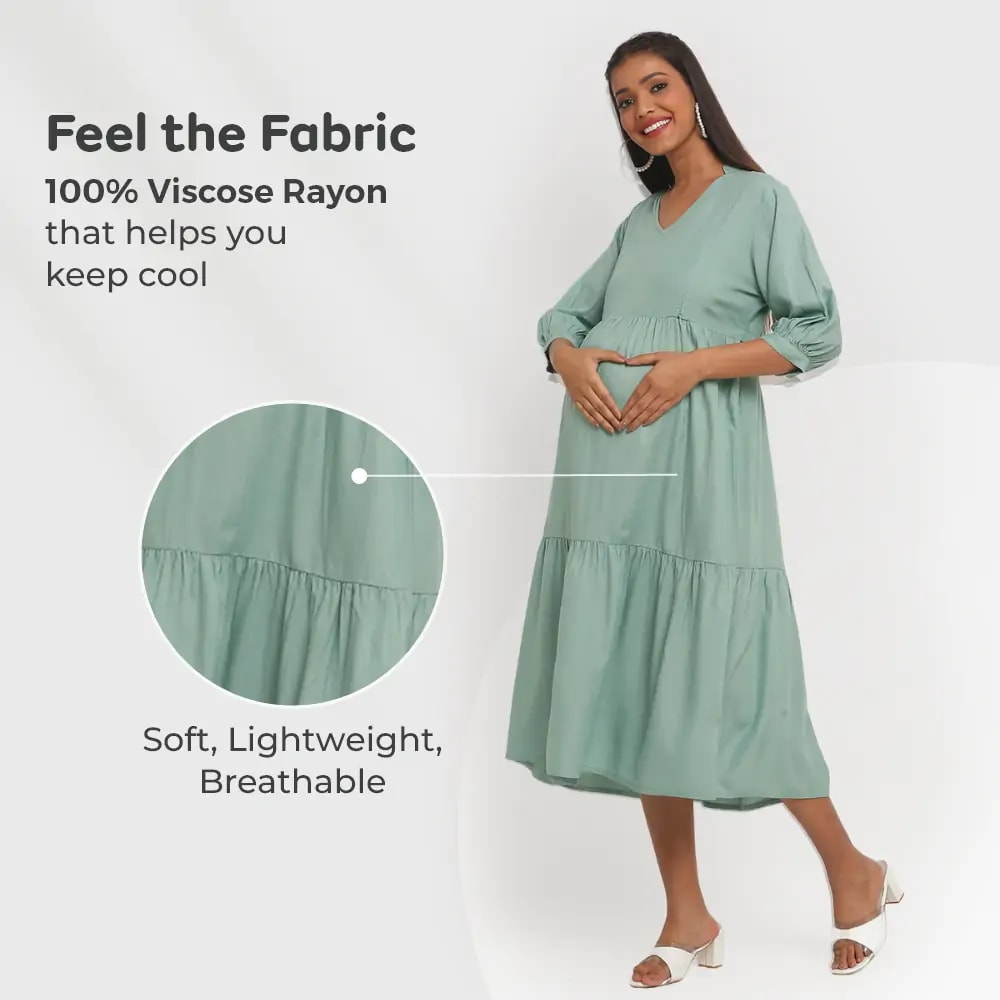 Pre & Post Maternity /Nursing Ruffle collared Solid Midi Dress with both sides Zipper for Easy Feeding – Solid - Olive Green-XL