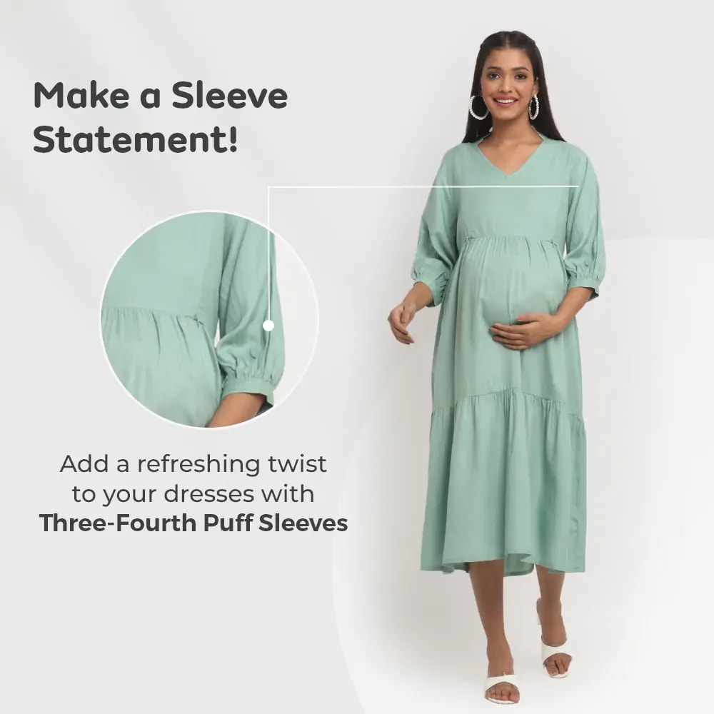 Pre & Post Maternity /Nursing Ruffle collared Solid Midi Dress with both sides Zipper for Easy Feeding – Solid - Olive Green-XL