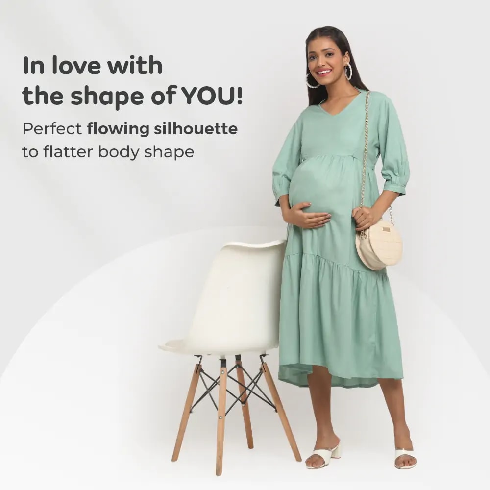 Pre & Post Maternity /Nursing Ruffle collared Solid Midi Dress with both sides Zipper for Easy Feeding – Solid - Olive Green-XL