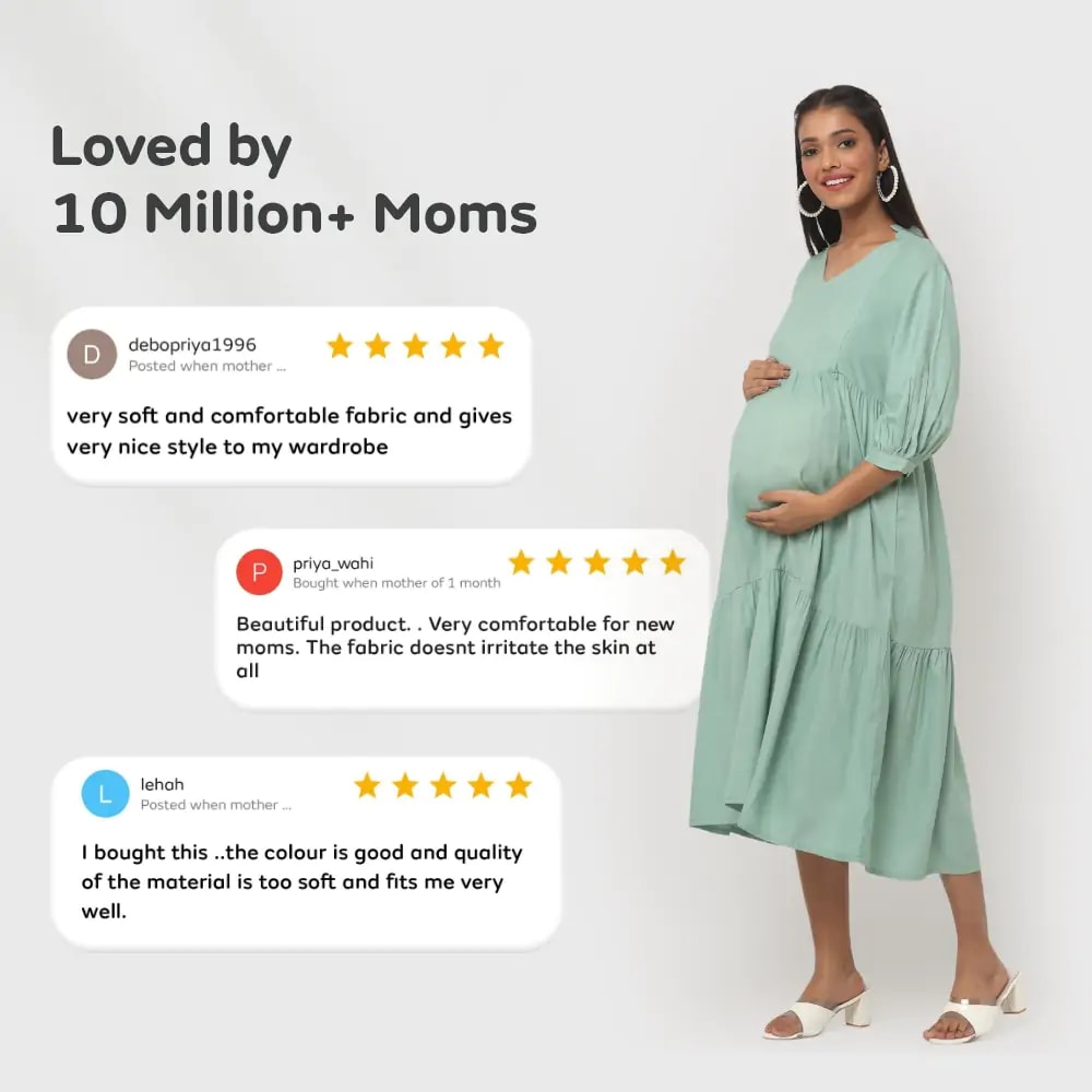 Pre & Post Maternity /Nursing Ruffle collared Solid Midi Dress with both sides Zipper for Easy Feeding – Solid - Olive Green-XL