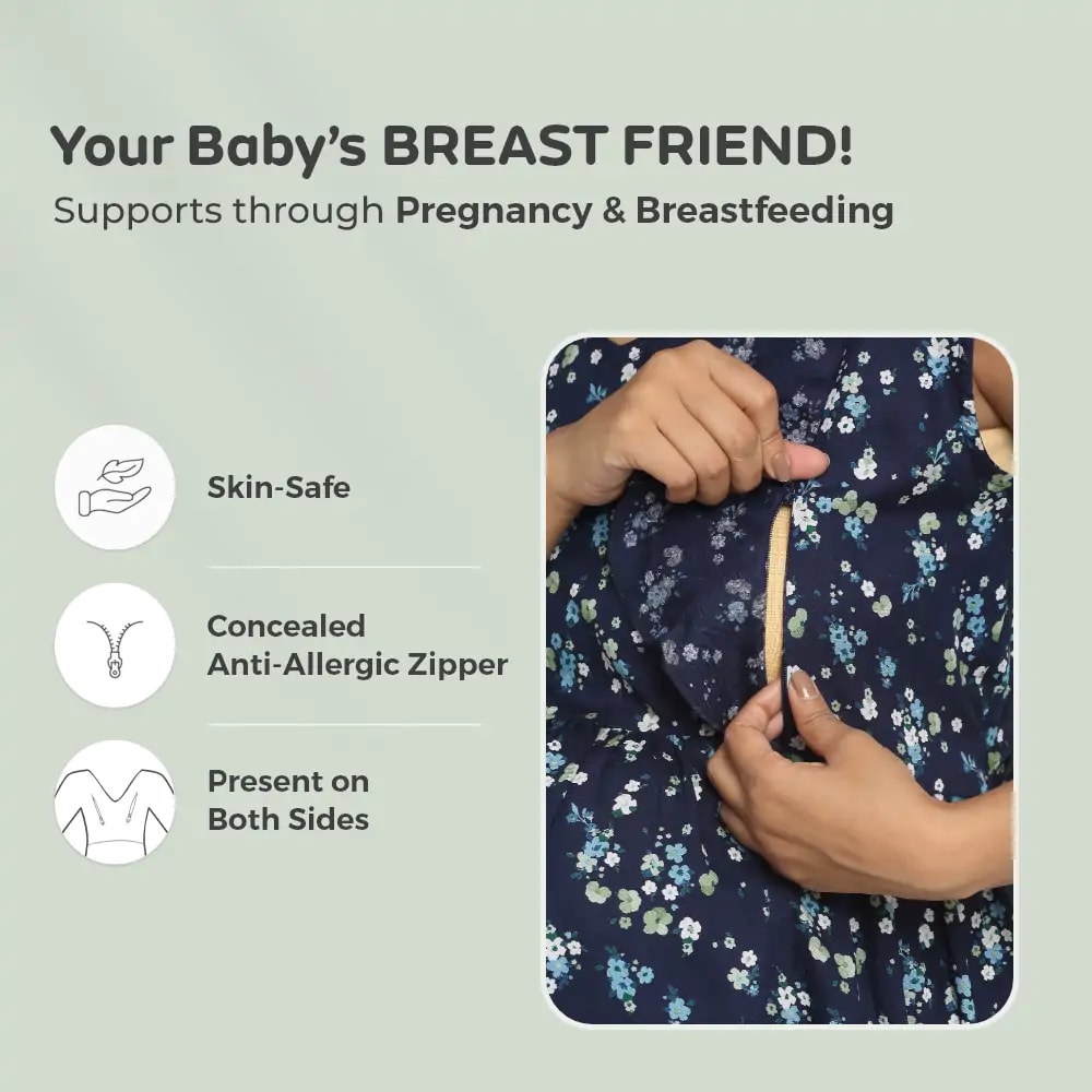 Pre & Post Maternity /Nursing Midi Dress with both sides Zipper for Easy Feeding – Floral - Navy–XL