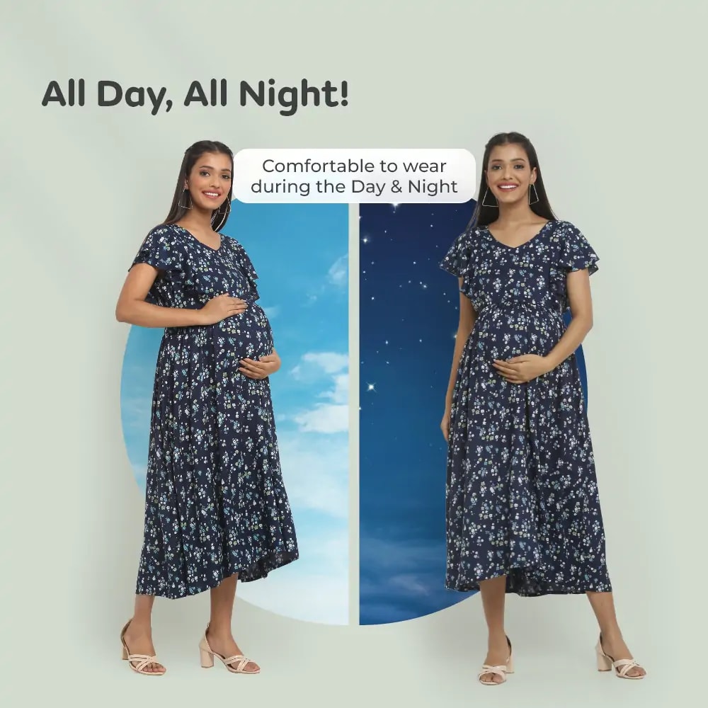 Pre & Post Maternity /Nursing Midi Dress with both sides Zipper for Easy Feeding – Floral - Navy–XL