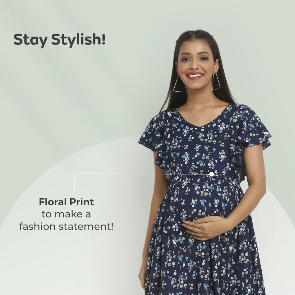 Pre & Post Maternity /Nursing Midi Dress with both sides Zipper for Easy Feeding – Floral - Navy–XL