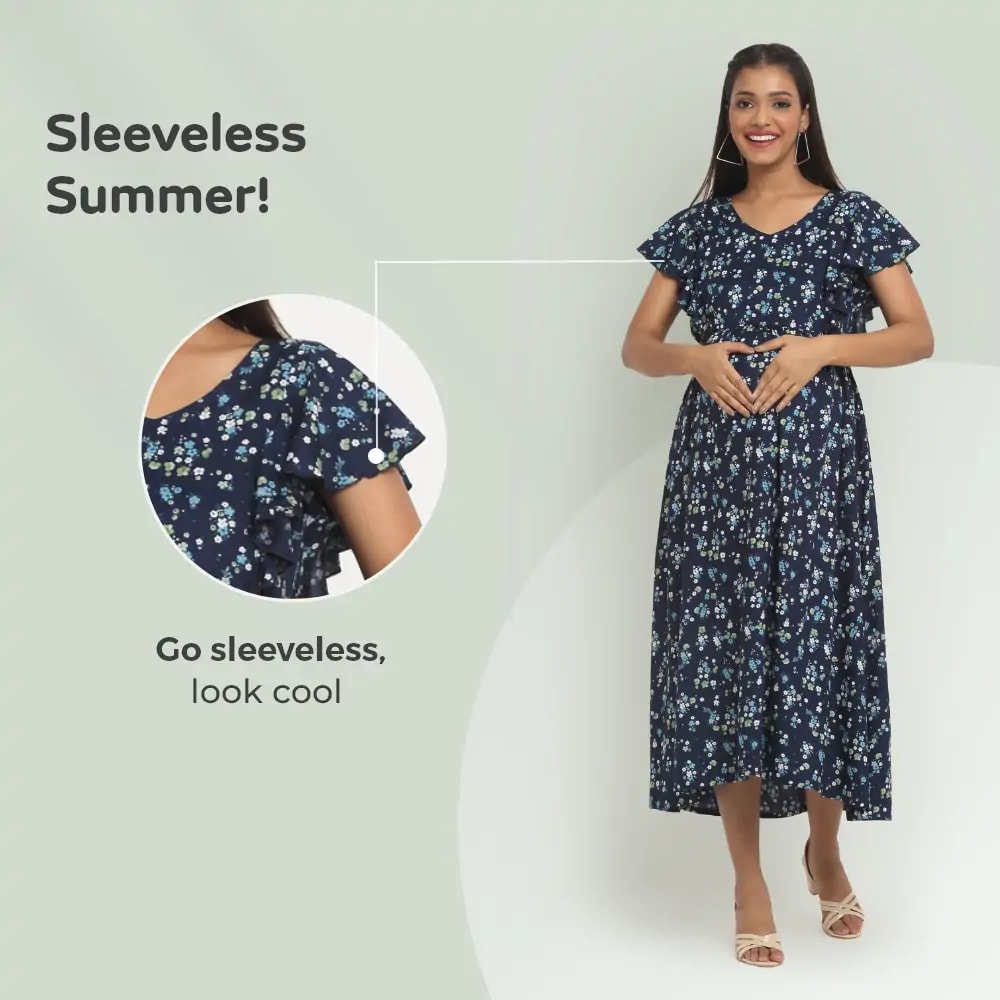 Pre & Post Maternity /Nursing Midi Dress with both sides Zipper for Easy Feeding – Floral - Navy–XL
