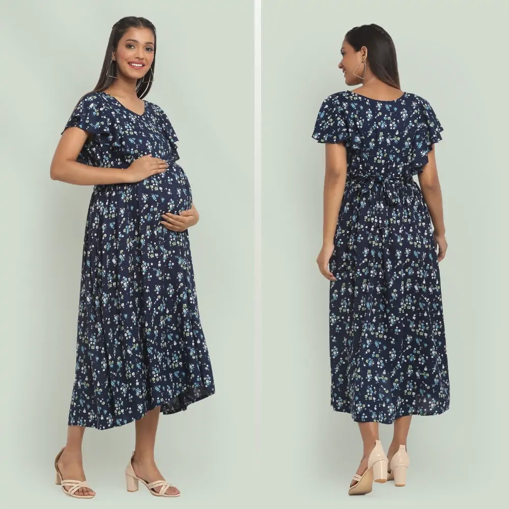 Pre & Post Maternity /Nursing Midi Dress with both sides Zipper for Easy Feeding – Floral - Navy–XL