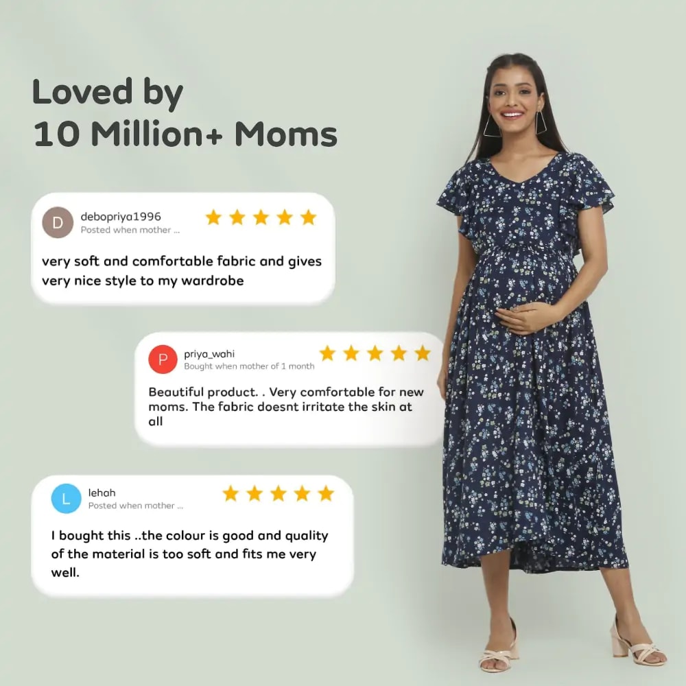 Pre & Post Maternity /Nursing Midi Dress with both sides Zipper for Easy Feeding – Floral - Navy–XL