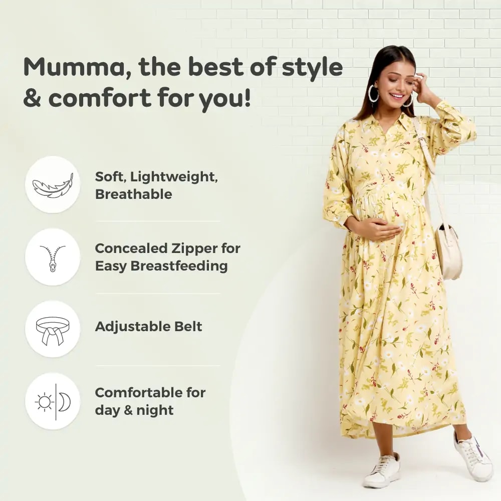 Pre & Post Maternity /Nursing Long Cuff Sleeves Shirt Collar Maxi Dress with Zippers for Easy Feeding -Cream Daisy - L