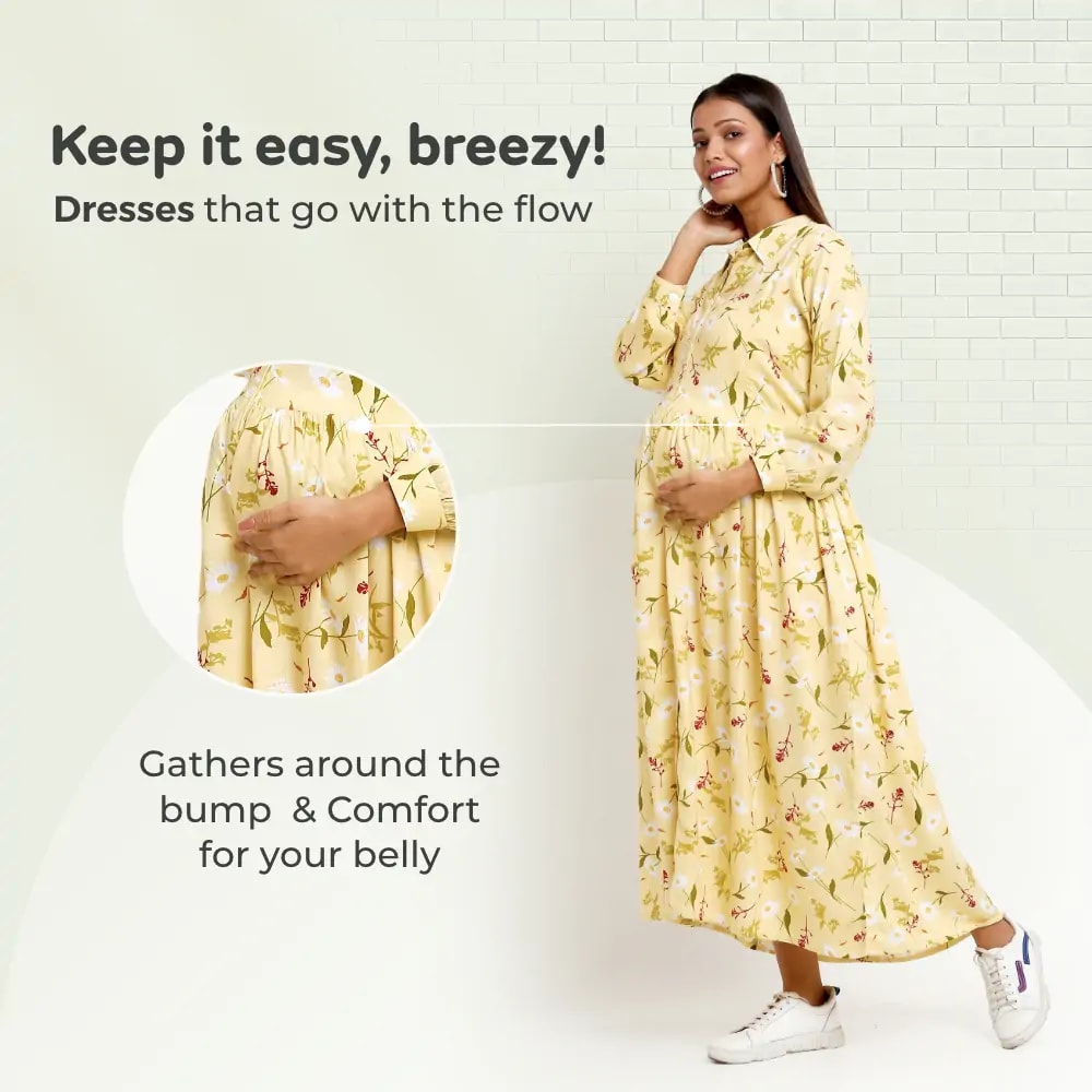 Pre & Post Maternity /Nursing Long Cuff Sleeves Shirt Collar Maxi Dress with Zippers for Easy Feeding -Cream Daisy - L