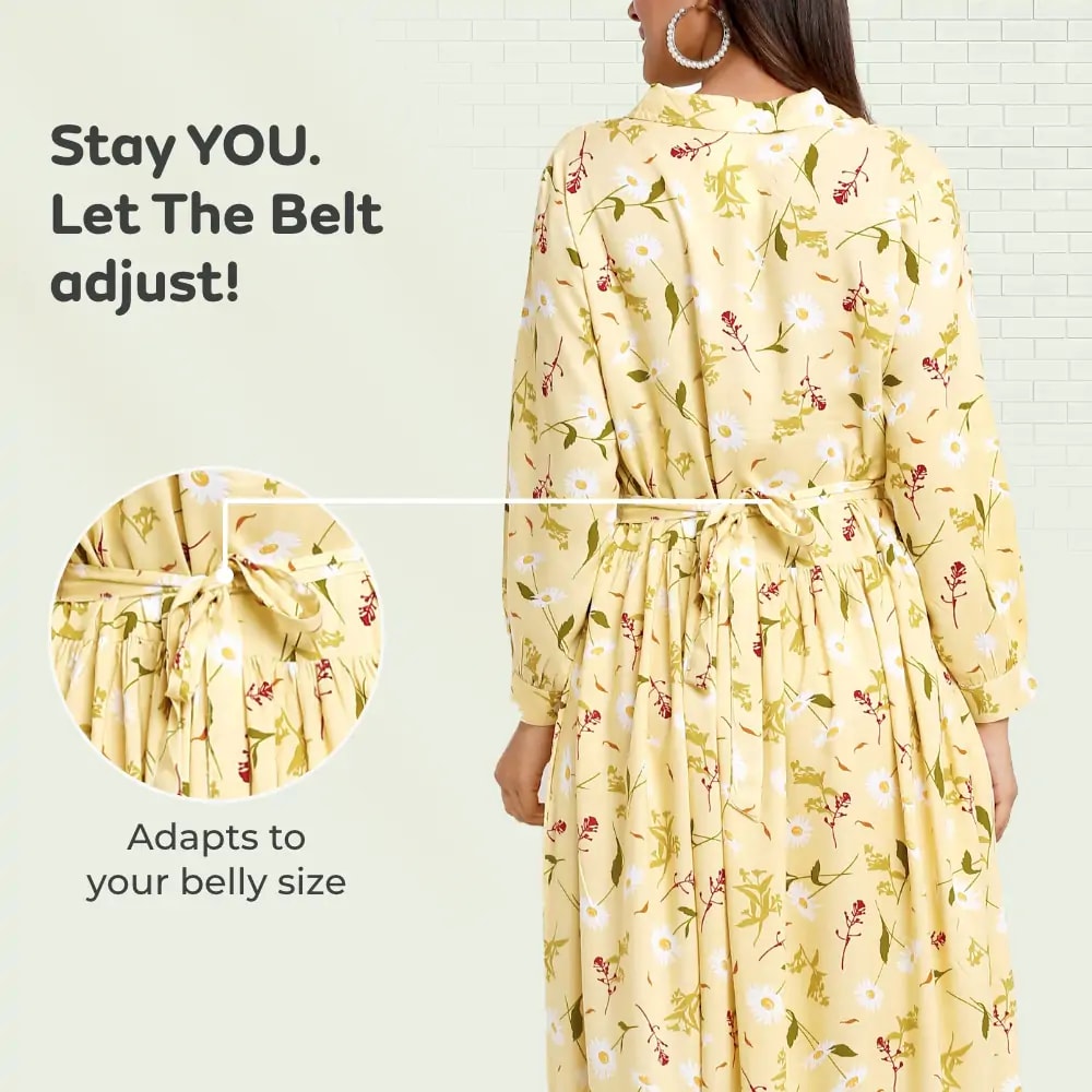 Pre & Post Maternity /Nursing Long Cuff Sleeves Shirt Collar Maxi Dress with Zippers for Easy Feeding -Cream Daisy - L