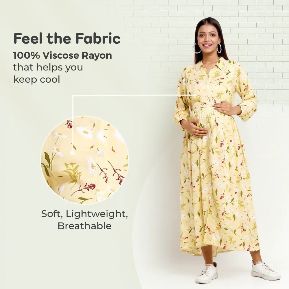 Pre & Post Maternity /Nursing Long Cuff Sleeves Shirt Collar Maxi Dress with Zippers for Easy Feeding -Cream Daisy - L