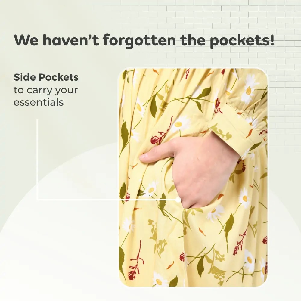 Pre & Post Maternity /Nursing Long Cuff Sleeves Shirt Collar Maxi Dress with Zippers for Easy Feeding -Cream Daisy - L