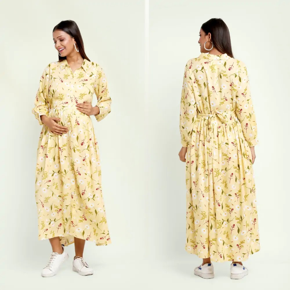 Pre & Post Maternity /Nursing Long Cuff Sleeves Shirt Collar Maxi Dress with Zippers for Easy Feeding -Cream Daisy - L