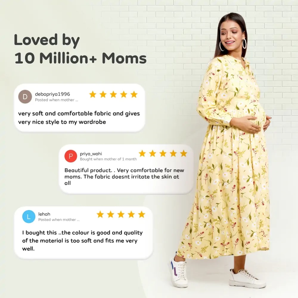 Pre & Post Maternity /Nursing Long Cuff Sleeves Shirt Collar Maxi Dress with Zippers for Easy Feeding -Cream Daisy - L