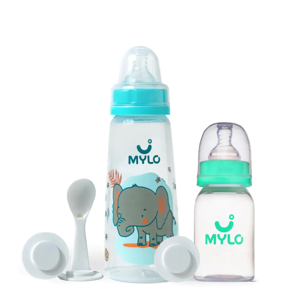 2-in-1 Baby Feeding Bottle - Green & Elephant 125ml & 250ml (Pack of 2)