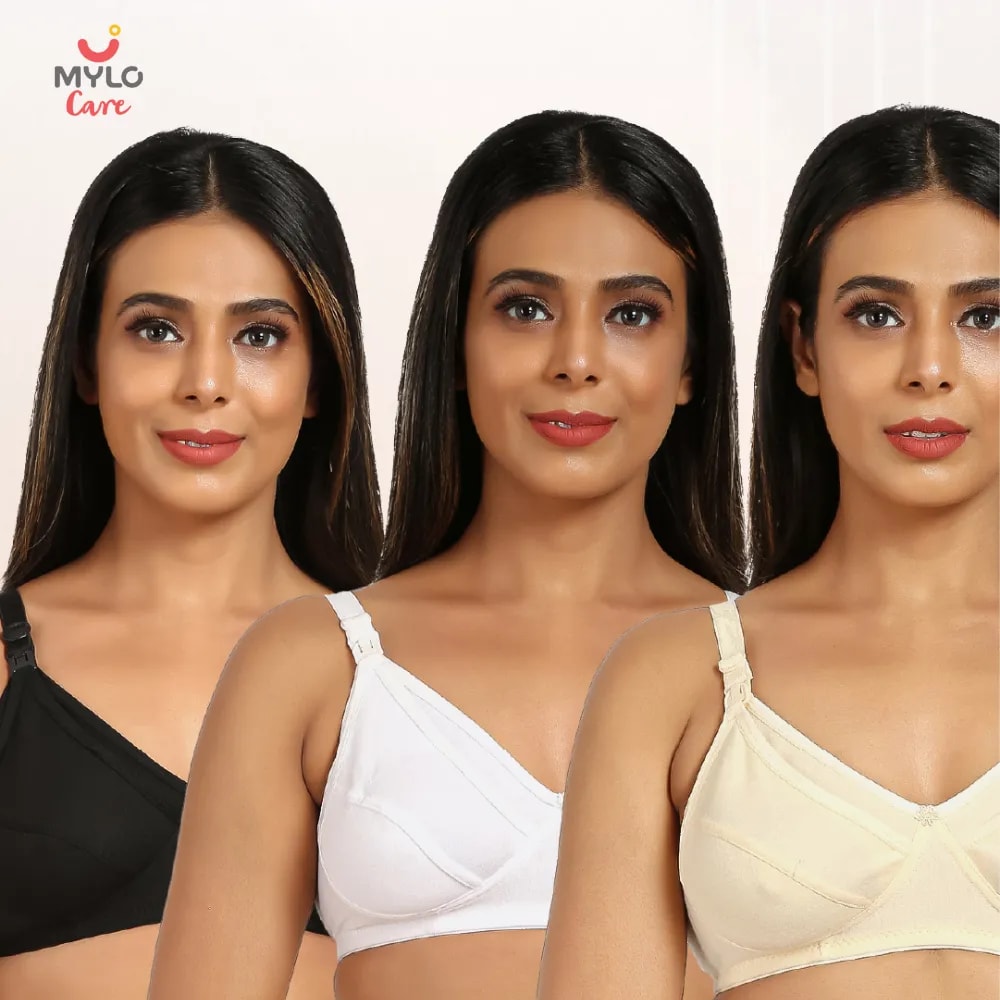 Non-Wired Non-Padded Maternity Bra/Feeding Bra with Free Bra Extender | Supports Growing Breasts | Eases Pumping & Feeding | Classic Black, Classic White, Magnolia Cream 38B