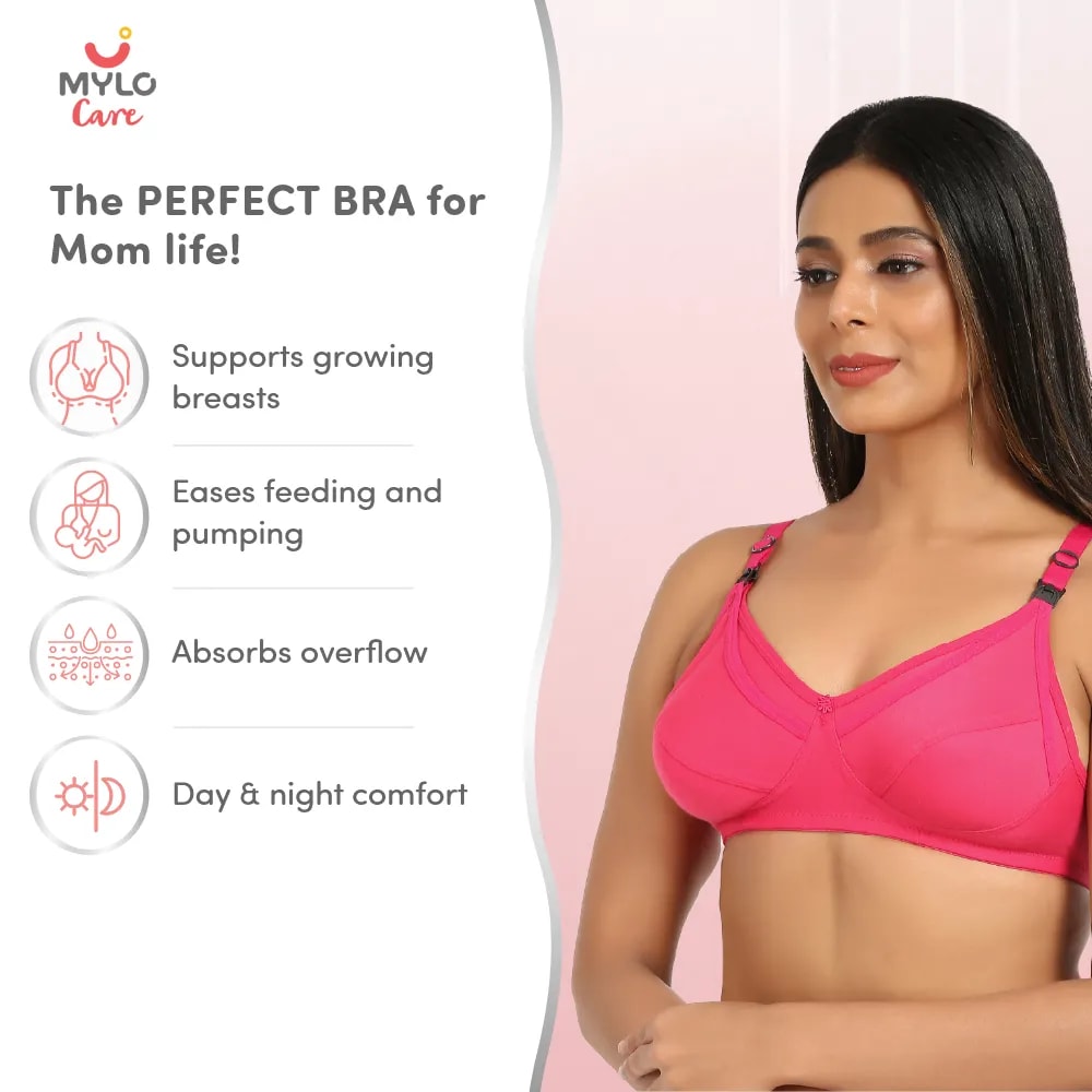42B- Non-Wired Non-Padded Maternity Bra/Feeding Bra with Free Bra Extender | Supports Growing Breasts | Eases Pumping & Feeding | Dark Pink