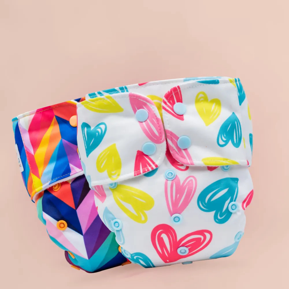 Adjustable & Reusable Cloth Diaper - Heart Doodles & Rainbow - Pack of 2
