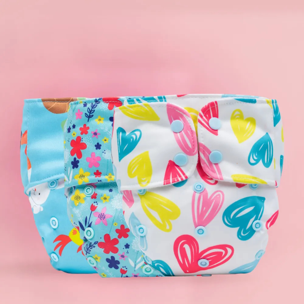 Adjustable & Reusable Cloth Diaper - Pet Love, Floral Spring & Heart Doodles - Pack of 3