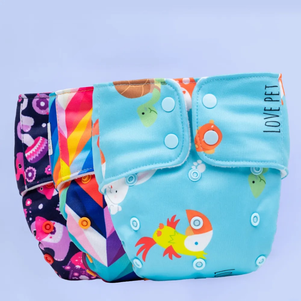 Adjustable & Reusable Cloth Diaper - Rainbow, Purple Love & Pet Love - Pack of 3