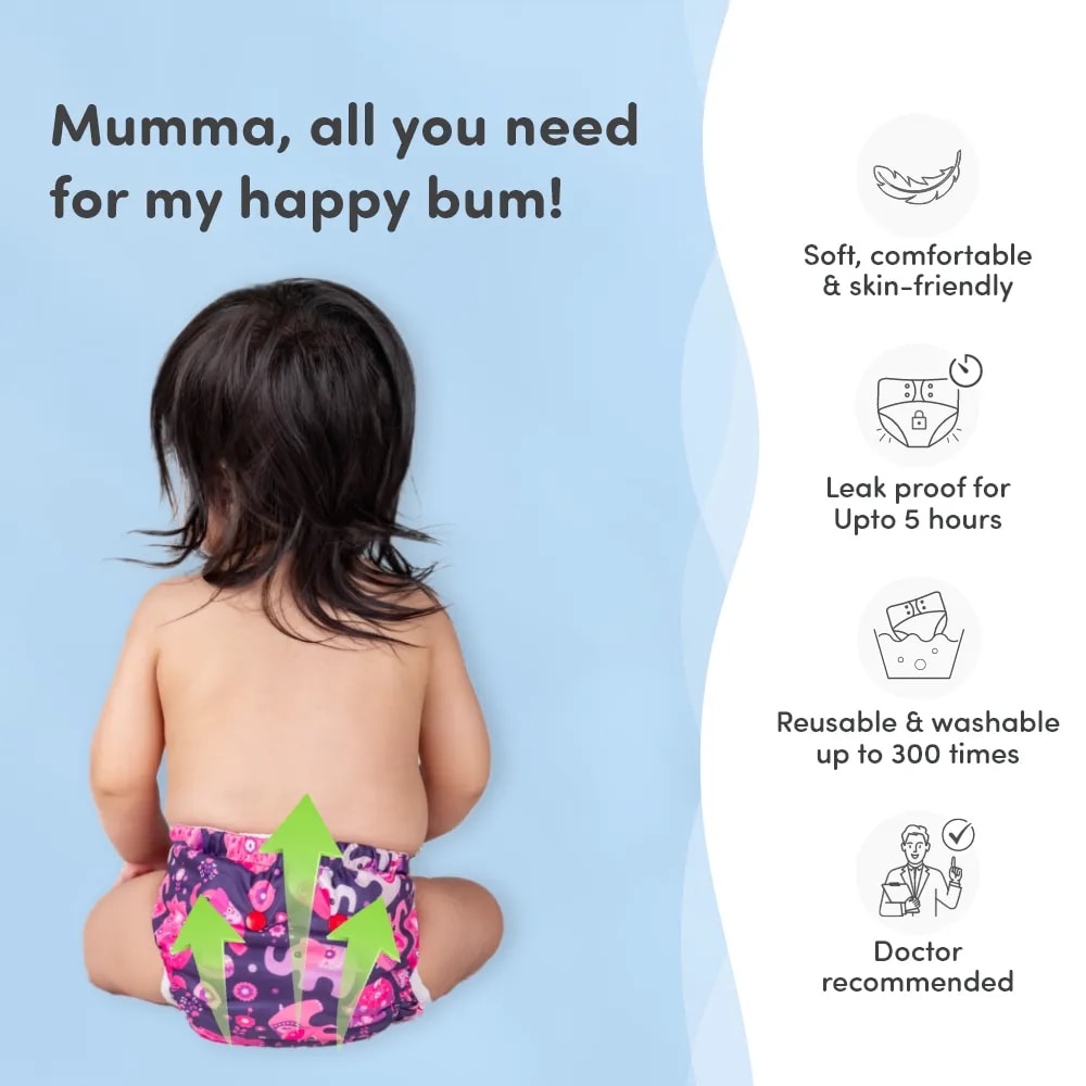 Adjustable Washable & Reusable Cloth Diaper With Dry Feel, Absorbent Insert Pad (3M-3Y) | Oeko-Tex Certified | Prevents Rashes - Floral Spring & Purple Love - Pack of 2