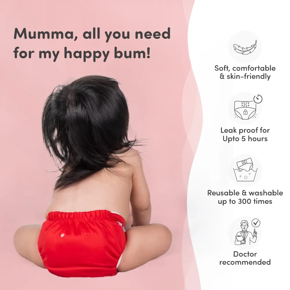 Baby Adjustable Washable & Reusable Cloth Diaper With Dry Feel, Absorbent Insert Pad (3M-3Y) | Oeko-Tex Certified - Red, Blue, Purple - Pack of 3