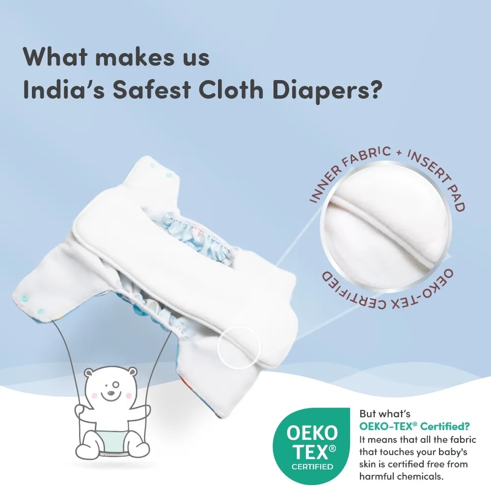 Adjustable Washable & Reusable Cloth Diaper With Dry Feel, Absorbent Insert Pad (3M-3Y) | Oeko-Tex Certified - Blue, Orange & Purple - Pack of 3