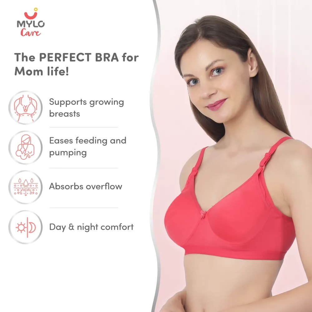 42B- Moulded Spacer Cup Maternity Bra/Feeding Bra with Free Bra Extender | Supports Growing Breasts | Eases Pumping & Feeding | Coral