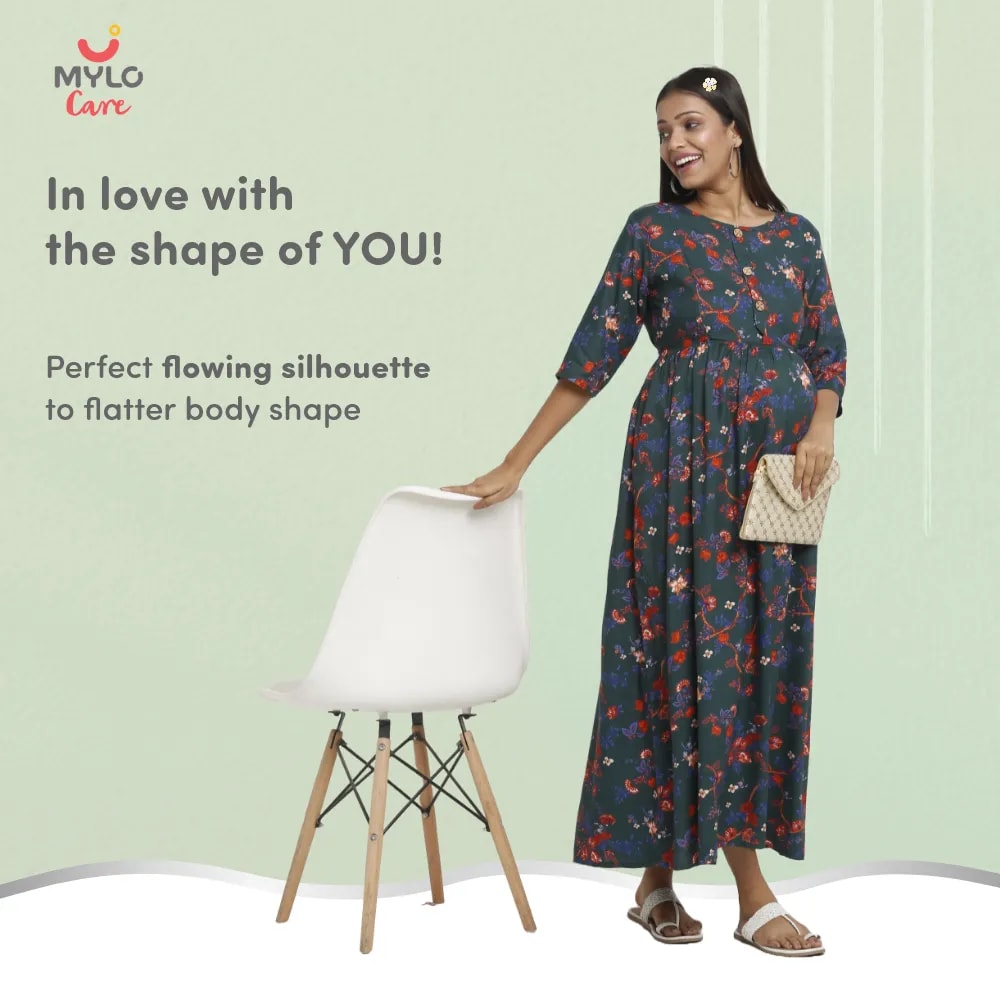 Maternity Dresses For Women with Both Side Zipper For Easy Feeding | Adjustable Belt for Growing Belly | Maxi Dress | Garden Flowers - Teal | XL