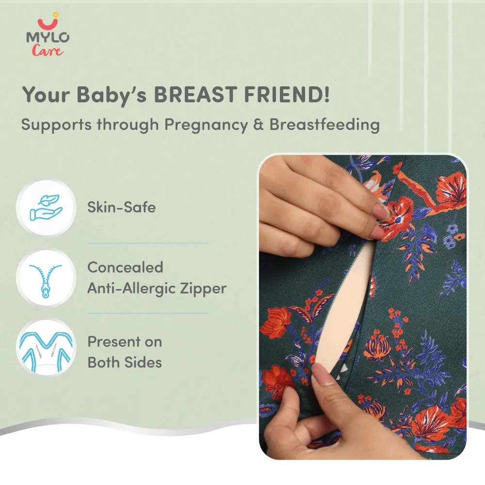 Maternity Dresses For Women with Both Side Zipper For Easy Feeding | Adjustable Belt for Growing Belly | Maxi Dress | Garden Flowers - Teal | XL