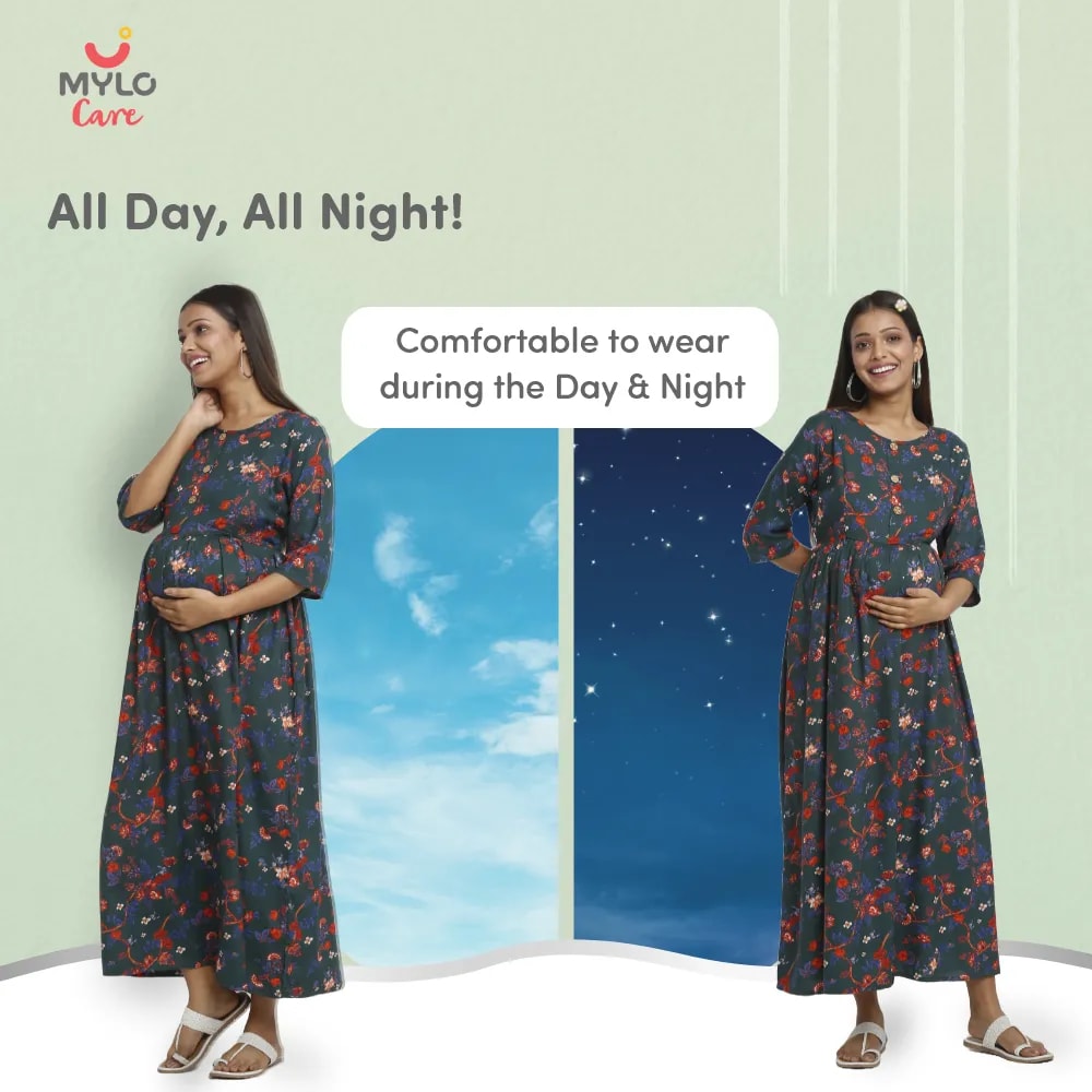 Maternity Dresses For Women with Both Side Zipper For Easy Feeding | Adjustable Belt for Growing Belly | Maxi Dress | Garden Flowers - Teal | XL