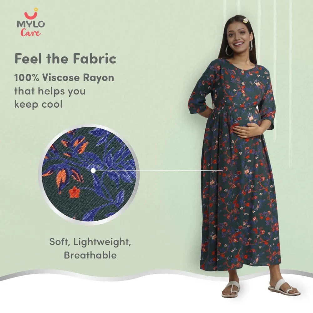Maternity Dresses For Women with Both Side Zipper For Easy Feeding | Adjustable Belt for Growing Belly | Maxi Dress | Garden Flowers - Teal | XL