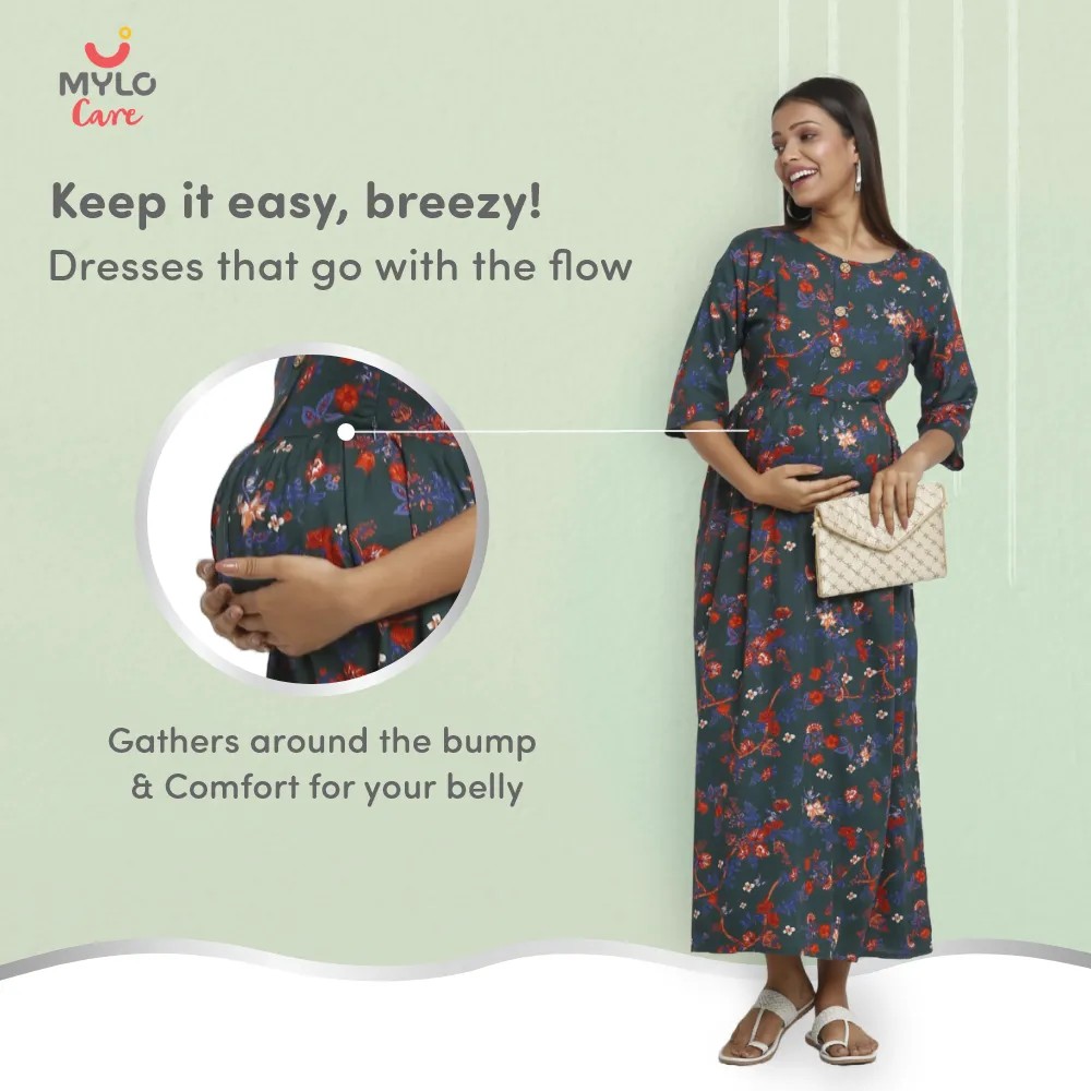 Maternity Dresses For Women with Both Side Zipper For Easy Feeding | Adjustable Belt for Growing Belly | Maxi Dress | Garden Flowers - Teal | XXL