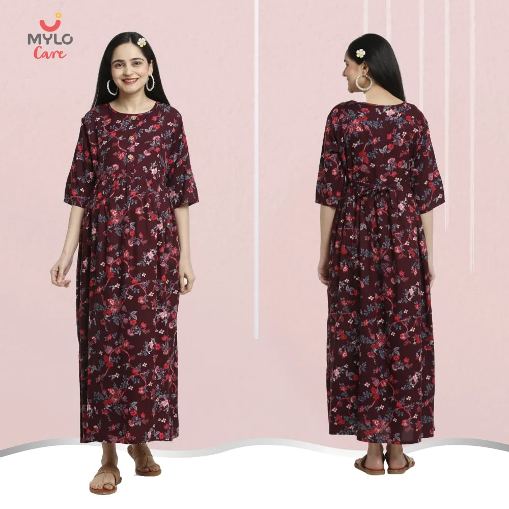Maternity Dresses For Women with Both Side Zipper For Easy Feeding | Adjustable Belt for Growing Belly | Maxi Dress | Garden Flowers - Wine | L