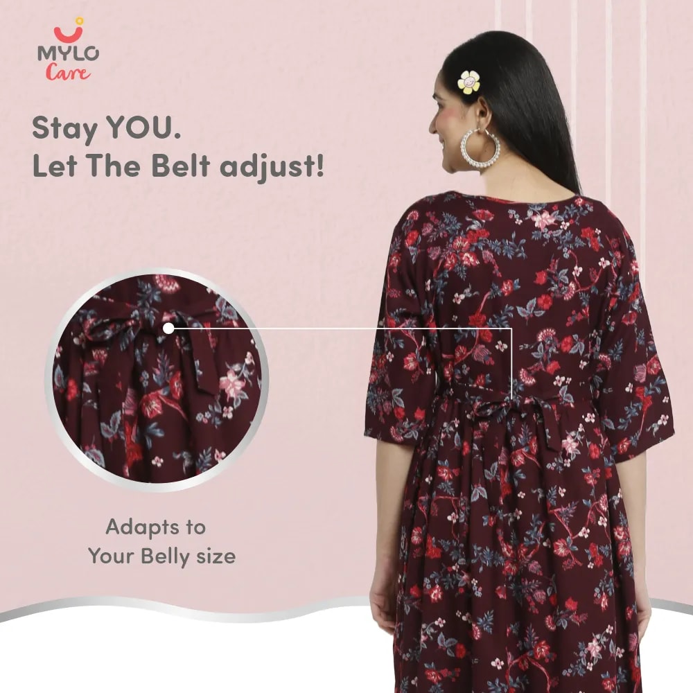 Maternity Dresses For Women with Both Side Zipper For Easy Feeding | Adjustable Belt for Growing Belly | Maxi Dress | Garden Flowers - Wine | L