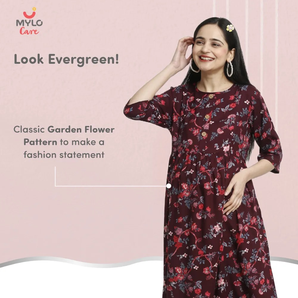 Maternity Dresses For Women with Both Side Zipper For Easy Feeding | Adjustable Belt for Growing Belly | Maxi Dress | Garden Flowers - Wine | L
