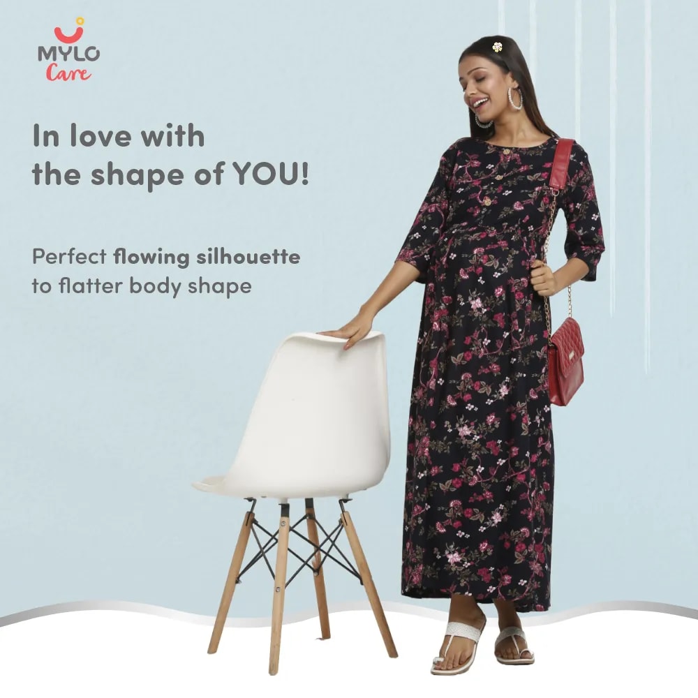 Maternity Dresses For Women with Both Side Zipper For Easy Feeding | Adjustable Belt for Growing Belly | Maxi Dress | Garden Flowers | M