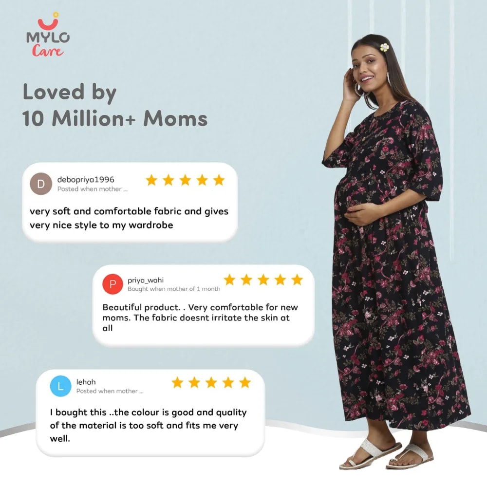 Maternity Dresses For Women with Both Side Zipper For Easy Feeding | Adjustable Belt for Growing Belly | Maxi Dress | Garden Flowers | M