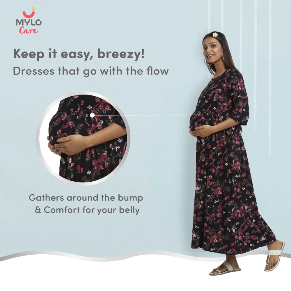 Maternity Dresses For Women with Both Side Zipper For Easy Feeding | Adjustable Belt for Growing Belly | Maxi Dress | Garden Flowers | M