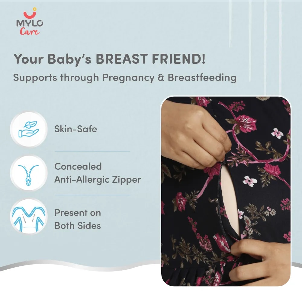 Maternity Dresses For Women with Both Side Zipper For Easy Feeding | Adjustable Belt for Growing Belly | Maxi Dress | Garden Flowers | M