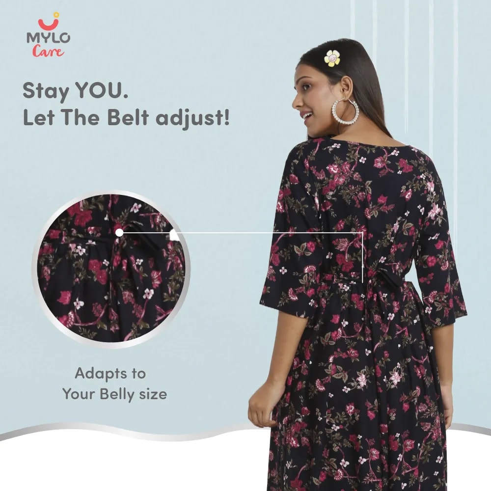 Maternity Dresses For Women with Both Side Zipper For Easy Feeding | Adjustable Belt for Growing Belly | Maxi Dress | Garden Flowers | M