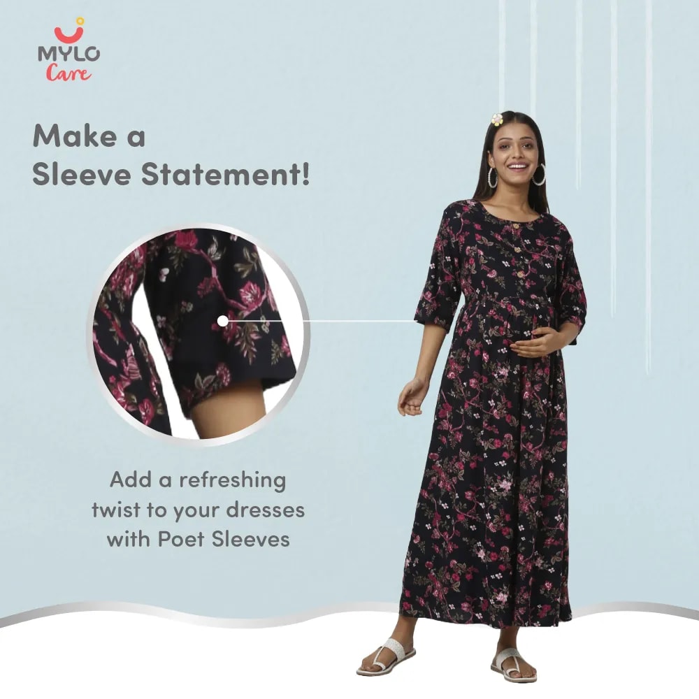 Maternity Dresses For Women with Both Side Zipper For Easy Feeding | Adjustable Belt for Growing Belly | Maxi Dress | Garden Flowers | M